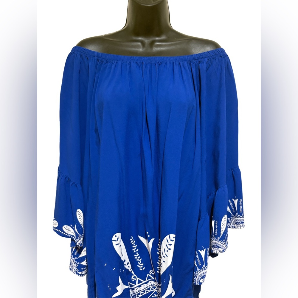 Women’s Off-Shoulder Blue Swim Cover-Up with White Print❤️ Like new